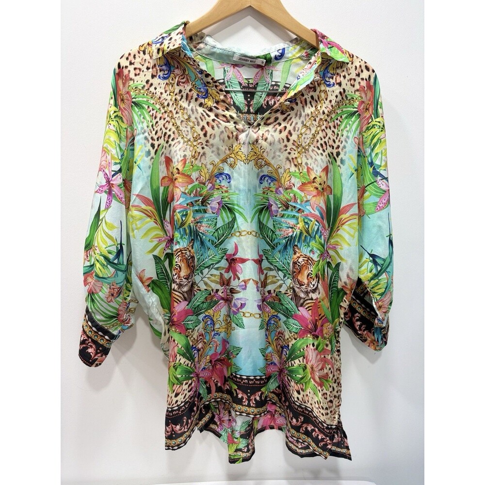 Johnny Was Tunic Top Womens MED Silk Aviina Miller Tigre Tiger Scarf Print